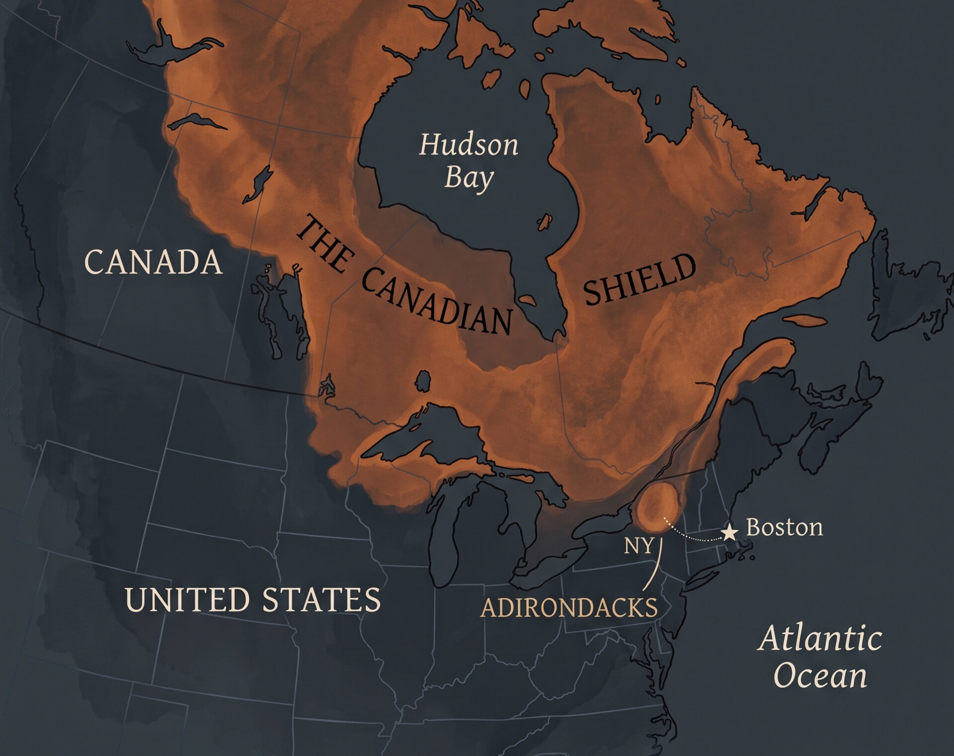 The location of Adirondack mountains within the larger Canadian Shield