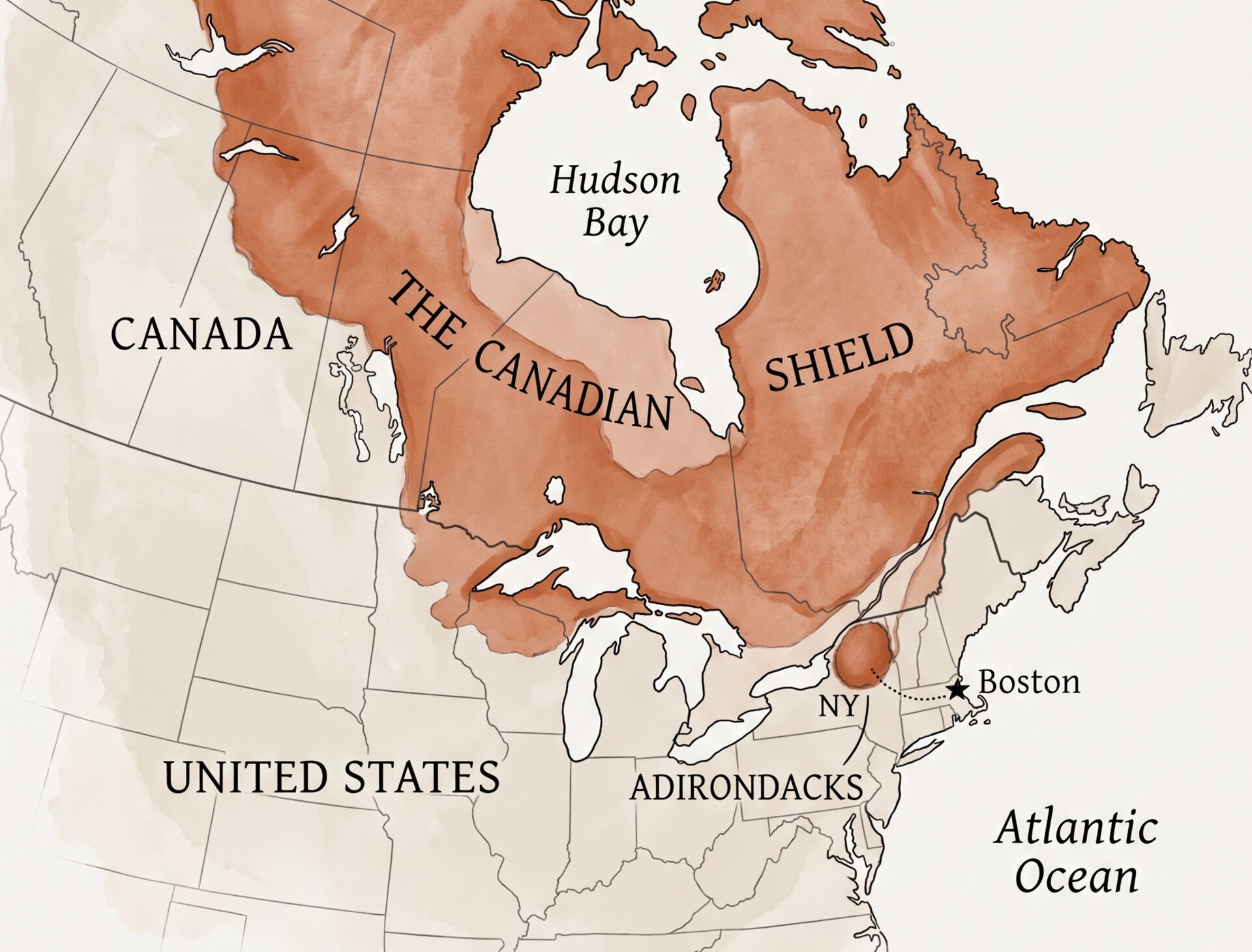 The location of Adirondack mountains within the larger Canadian Shield