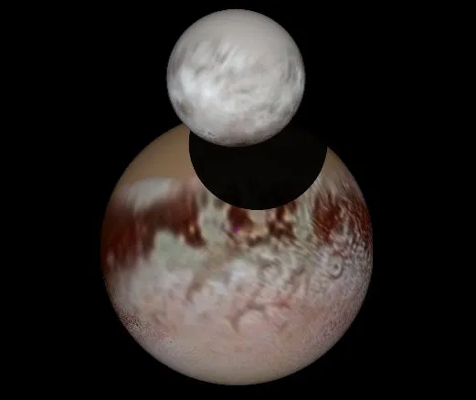 Charon casts a shadow almost quarter the size of Pluto. Simulated image.