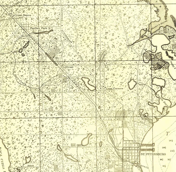 A cutout of the 1912 USGS map showing the railway line cutting across Pinellas County.